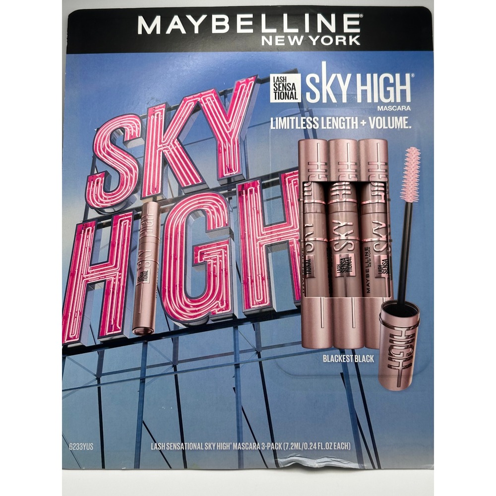 Maybelline Lash Sensational Sky High Mascara 3 Pack Blackest Black 0.24oz Each